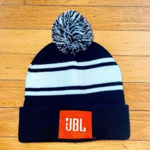 JBL Black & White Striped Beanie with Pom Pom